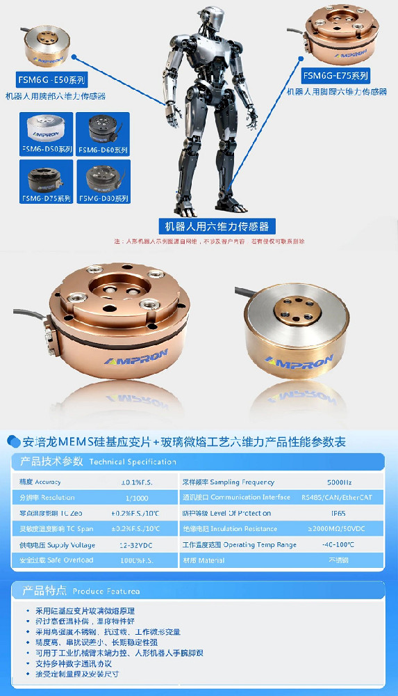 安培龙发布基于MEMS硅基应变片+玻璃微熔工艺的高可靠性六维力传感器